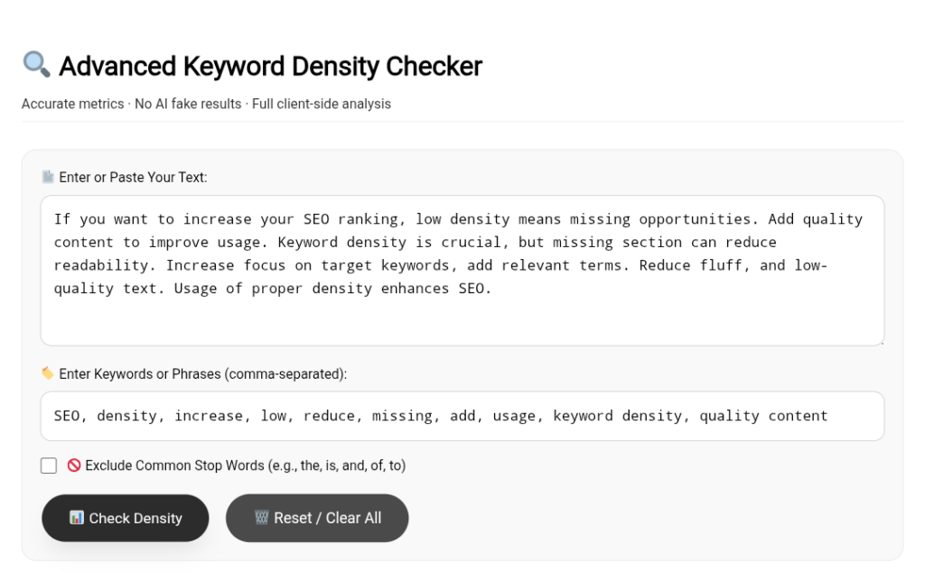 Free Keyword Density Checker tool to analyze keyword frequency and optimize content for SEO