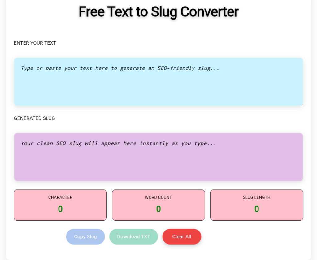 Text to Slug Converter, converter text into seo friendly urls generate accurate slugs