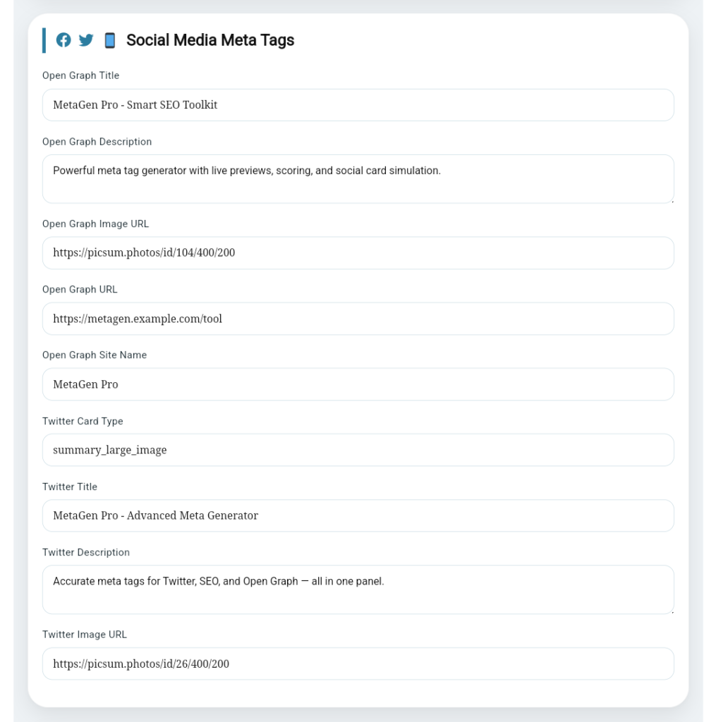 Meta Tag Generator: How to Create SEO-Friendly Meta Tags 4 Online Meta Tag Generator with custom title, meta description, keywords, and social media tags