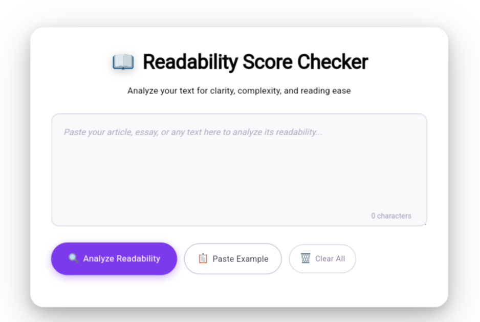 Free Readability Score Checker tool to analyze content readability, reading level, and text clarity