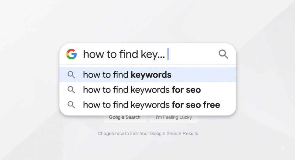 Google autocomplete search dropdown demonstrating how to find keywords for seo free using real-time search suggestions.
