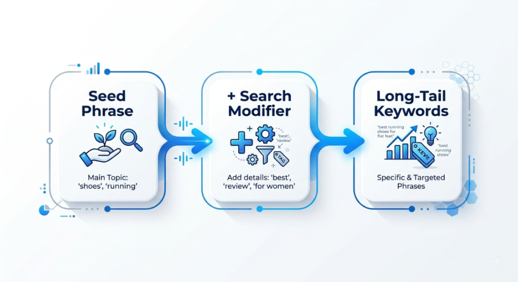 Step-by-step flowchart diagram illustrating how to find keywords for seo free using the alphabet soup strategy.