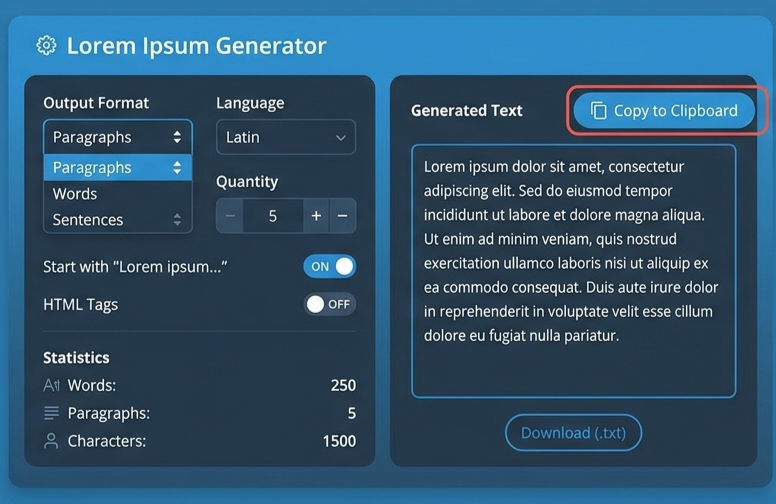 Lorem Ipsum Generator output preview and settings